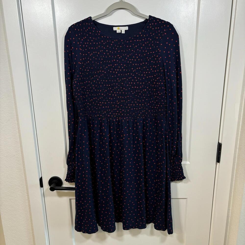 Boden Navy Blue Polka Dot Smocked Midi Dress Size Size 12R Long Sleeve Teacher